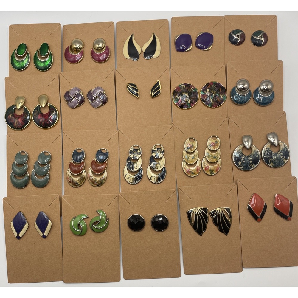 Enamel Cloisonne Vintage 1980's Post Earrings 20 Pairs Gold And Silver Tone